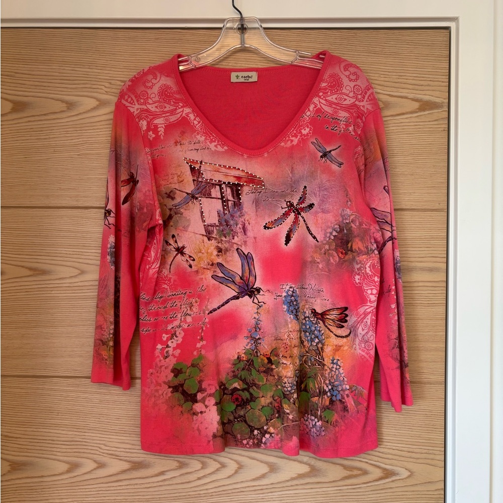 Vibrant Coral Cotton Dragonfly Print Top Size L